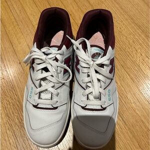New Balance 550s in white with purple and turquoise details